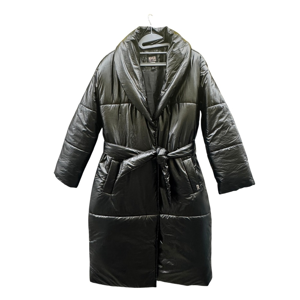 Size Small - River Island London Black Shawl Collar Belted Longline Coat